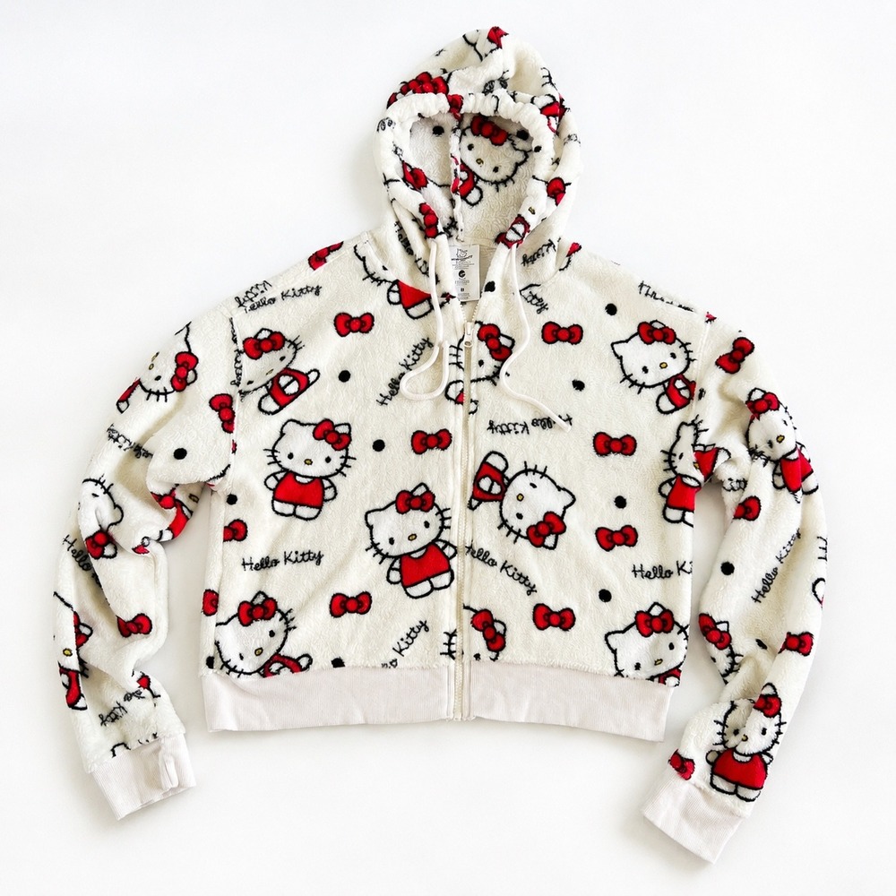 Hello Kitty Sanrio Sherpa Fleece Zip Up‎ Hoodie White Red All Over Print Medium